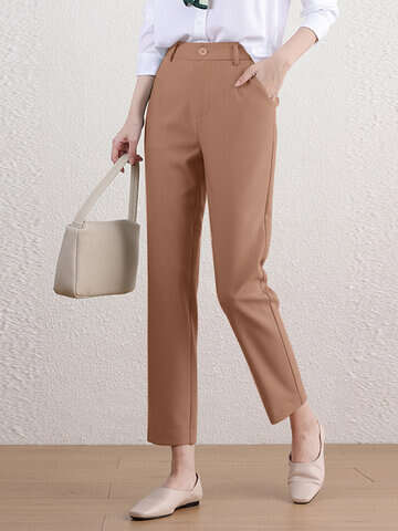Women Pants & Capris | Solid Pocket Button Zip Tailored Pants For Women - EU24222
