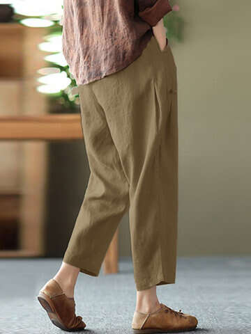 Women Pants & Capris | Solid Pocket Elastic Waist Casual Cotton Pants - VD36288