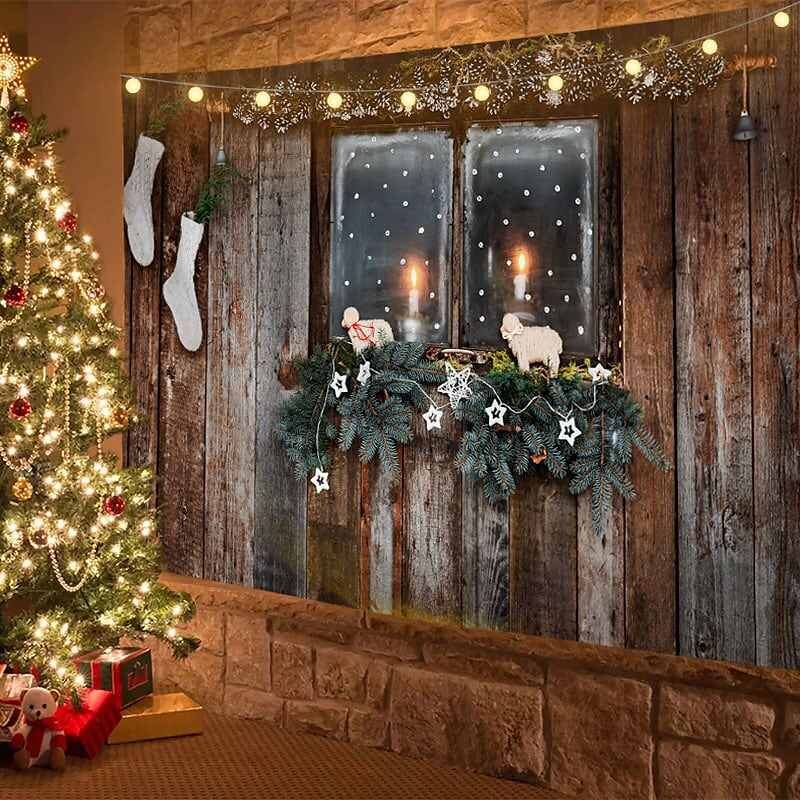 Christmas Decor LED Lights Wall Tapestry Snow Christmas Tree Print