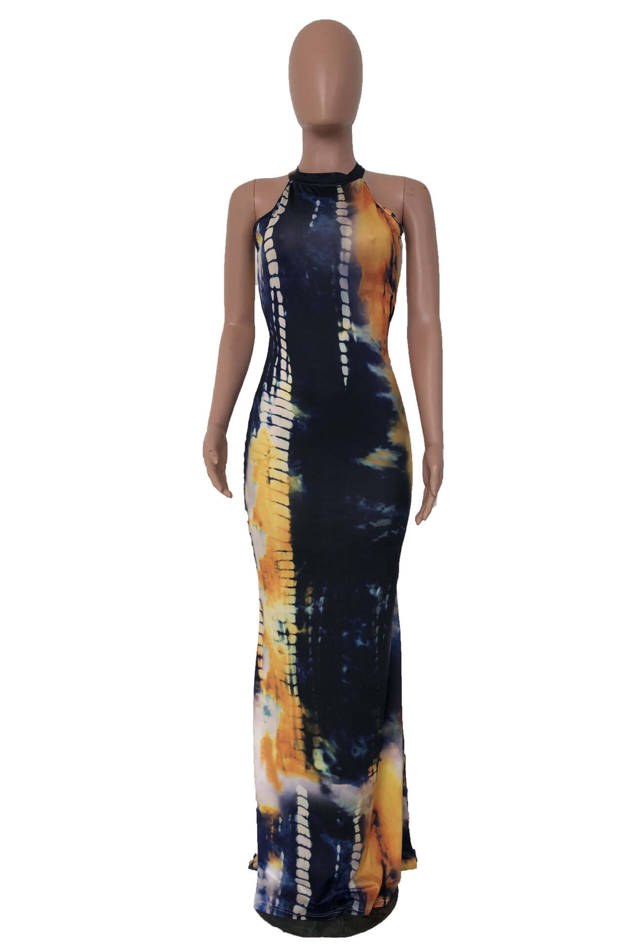 Yellow Fashion Sexy Print Tie-dye O Neck Sleeveless Dress