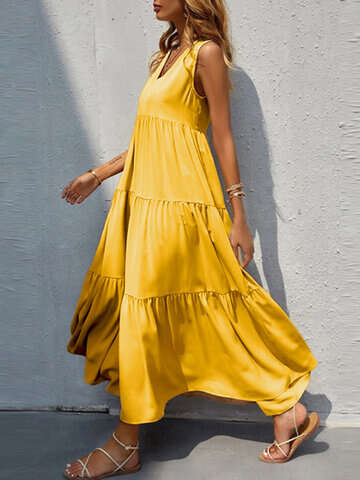 Women Maxi Dresses | Solid Sleeveless V-neck Maxi Swing Dress Maxi Dress - DU01422