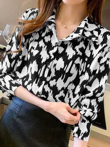 Women Blouses & Shirts | Women Print Long Sleeve Lapel Button Front Shirt - YP98412