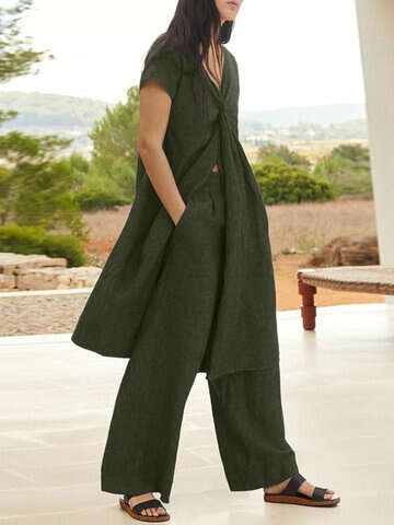 Women Suits & Co-ords | Solid Ruched Split Pocket Elastic Waist V Neck Suit - BH81660