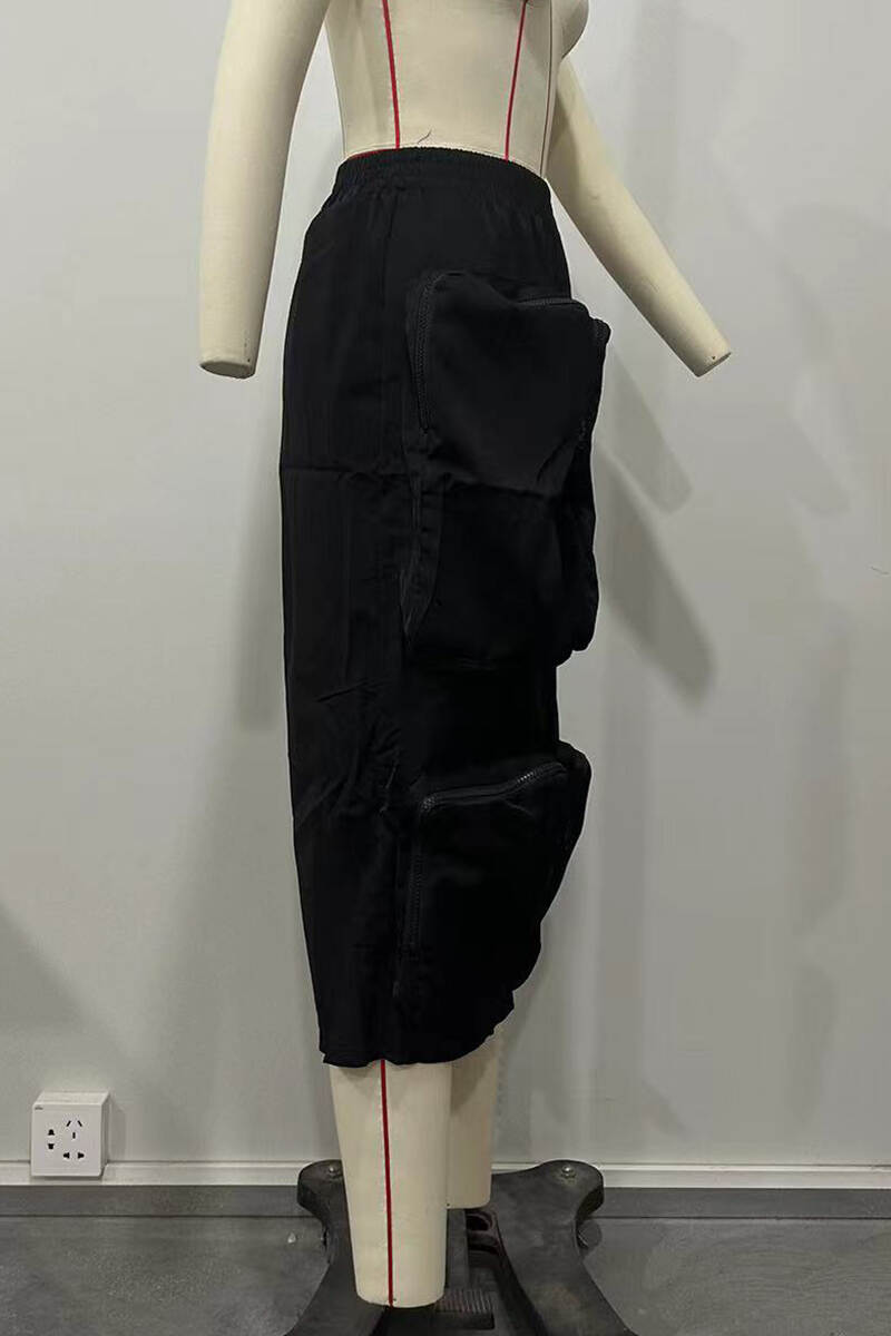 Black Street Solid Patchwork Pocket High Opening Zipper Straight High Waist Straight Solid Color Bottoms