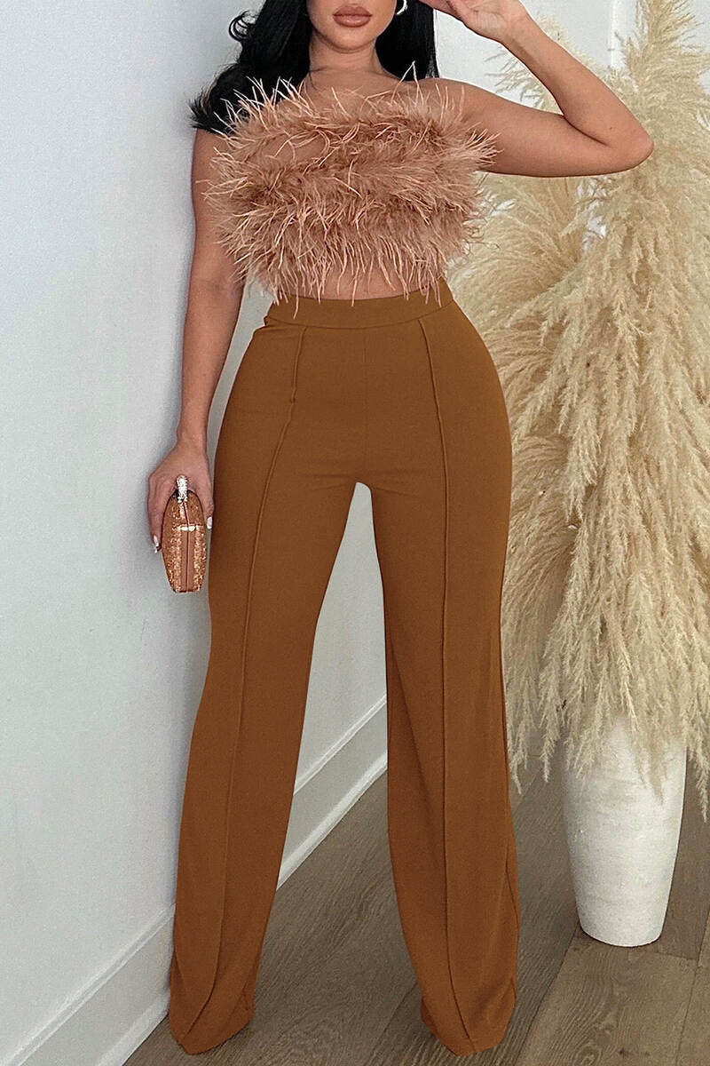 Coffee Casual Solid Basic Regular High Waist Conventional Solid Color Trousers