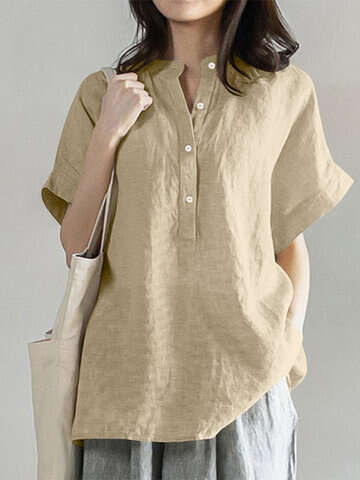 Women Blouses & Shirts | Solid Button Stand Collar Short Sleeve Loose Casual Blouse - CA67352