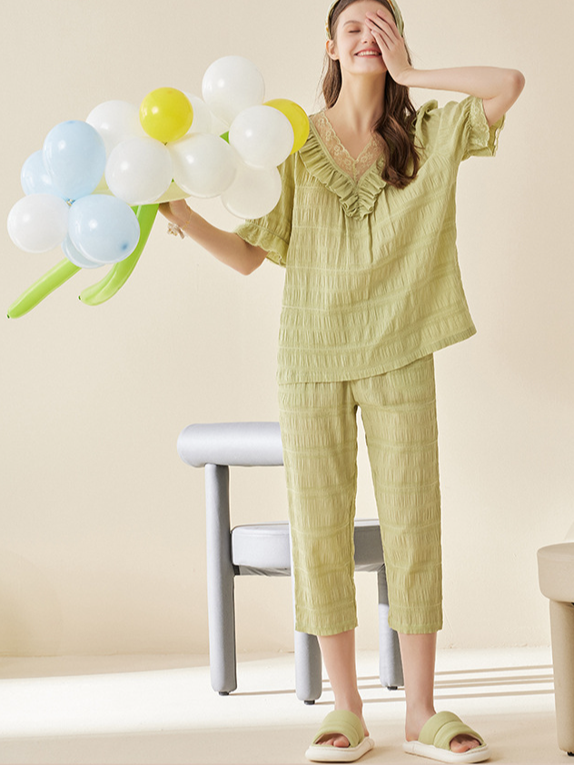 Plain Loose Simple Cotton Short Sleeve Pajama Set