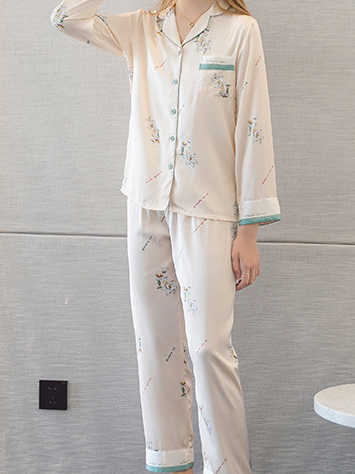 Regular Fit Casual Floral V Neck Long Sleeve Pajama Set