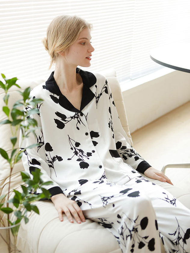 Loose Casual Floral Pattern V Neck Long Sleeve Pajama Set