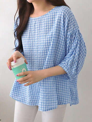 Women Blouses & Shirts | Check Print Crew Neck 3/4 Sleeve Casual Loose Blouse - YB04320