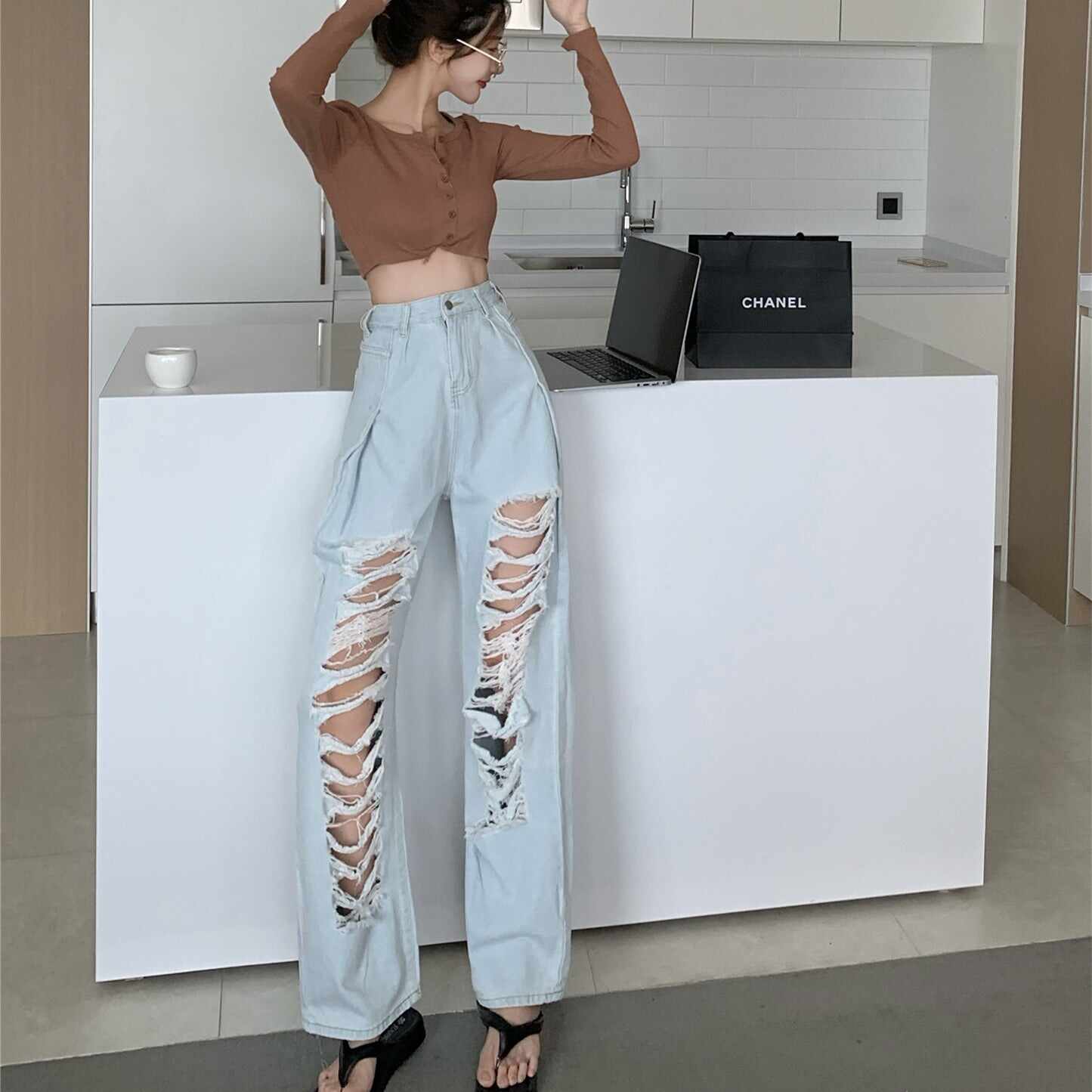 Ripped Straight Wide Leg Pants