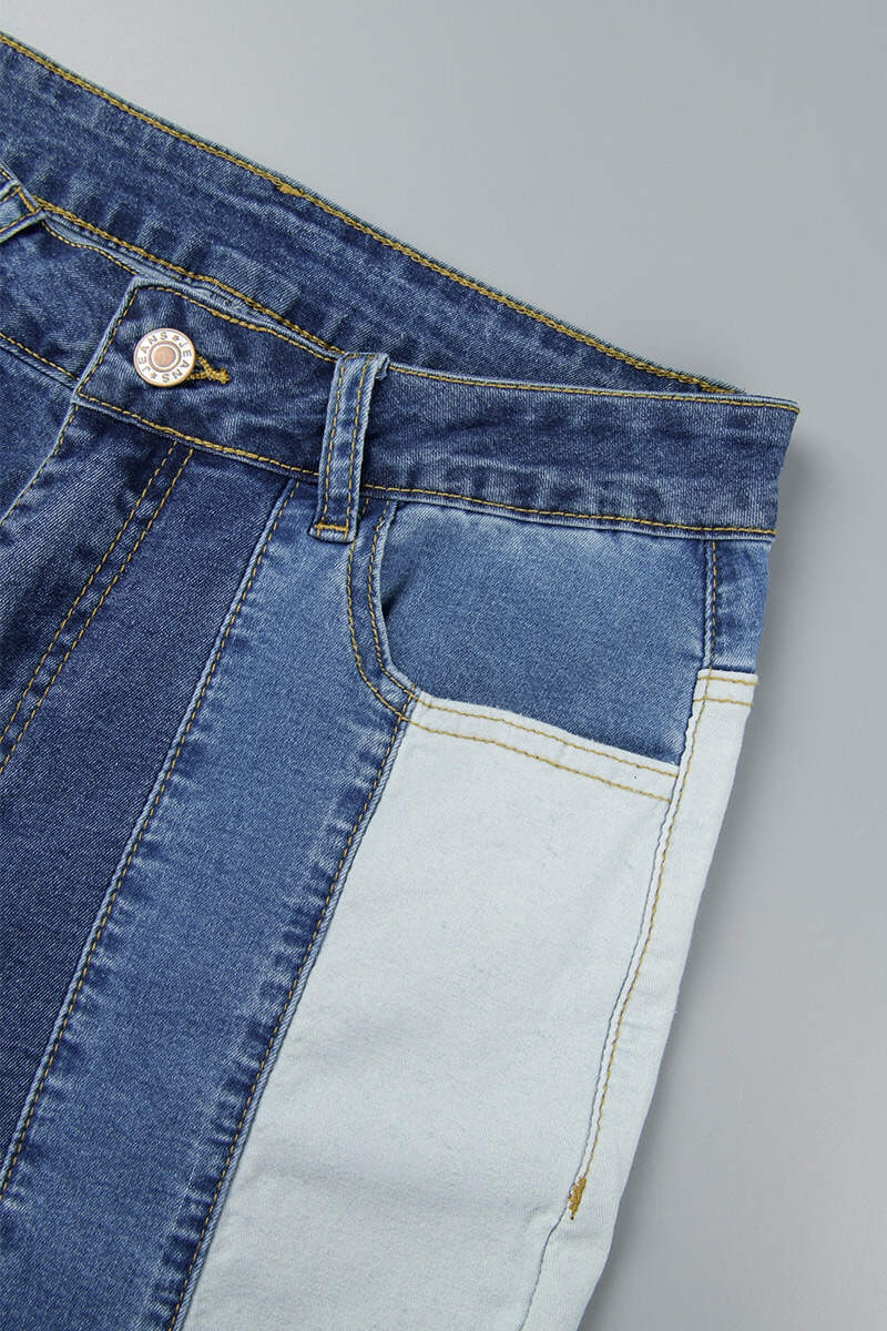 Blue Casual Patchwork Contrast High Waist Skinny Denim Jeans (Subject To The Actual Object)