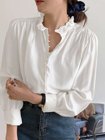 Women Blouses & Shirts | Solid Lace Stand Collar Button Long Sleeve Blouse - TC66765