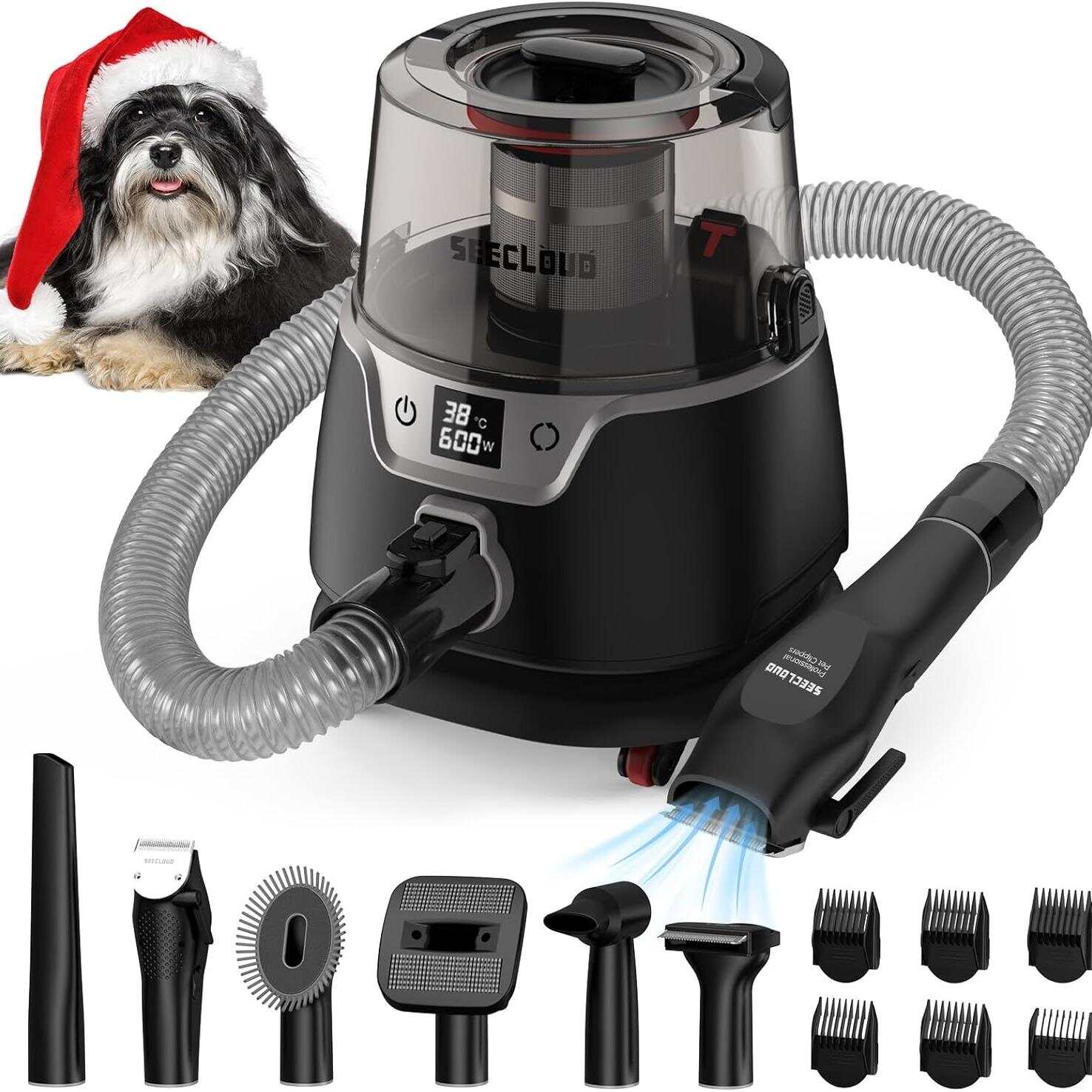 Dog Grooming Vacuum, Pet Grooming Vacuum and Dog Dryer with 6 Pet Grooming Tools, 600w Dog Grooming Kit with 3L Dust Cup, Low Noise Pet Hair Vacuum with Dog Clippers for Grooming