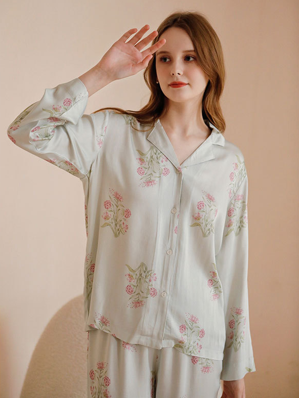 Floral Regular Fit V Neck Casual Long Sleeve Pajama Set