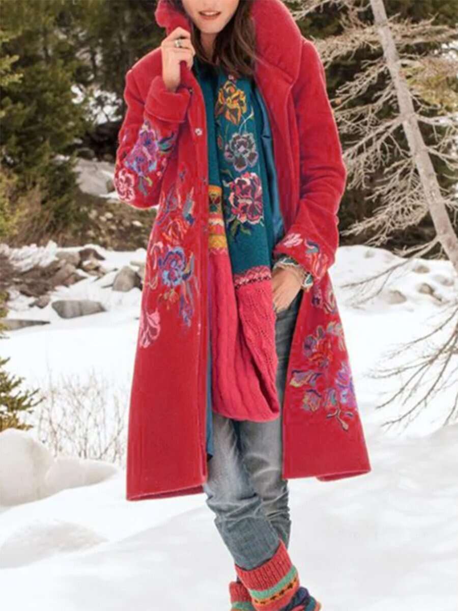 Orange Vintage Floral Cotton-Blend plus size Outerwear