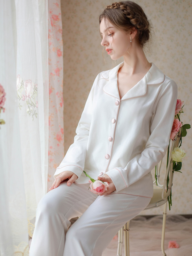 Cotton Elegant V Neck Plain  Long Sleeve Pajama Set