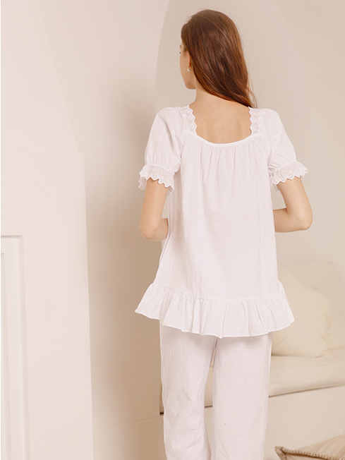 Cotton Casual Lace Loose Short Sleeve Pajama Set