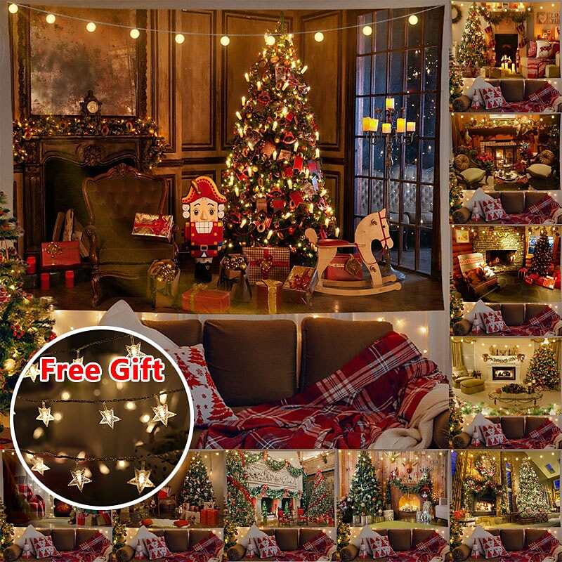 Christmas Decor LED Lights Wall Tapestry Christmas Tree Fireplace Print