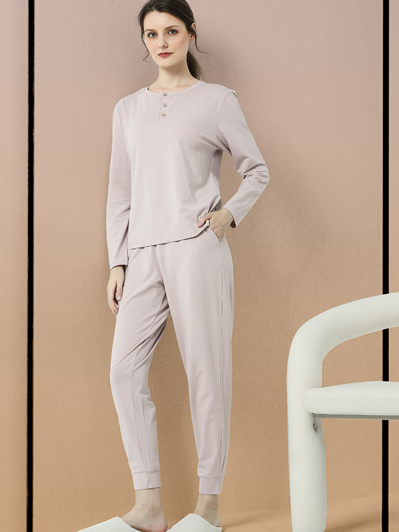 Simple Regular Fit Plain Long Sleeve Pajama Set