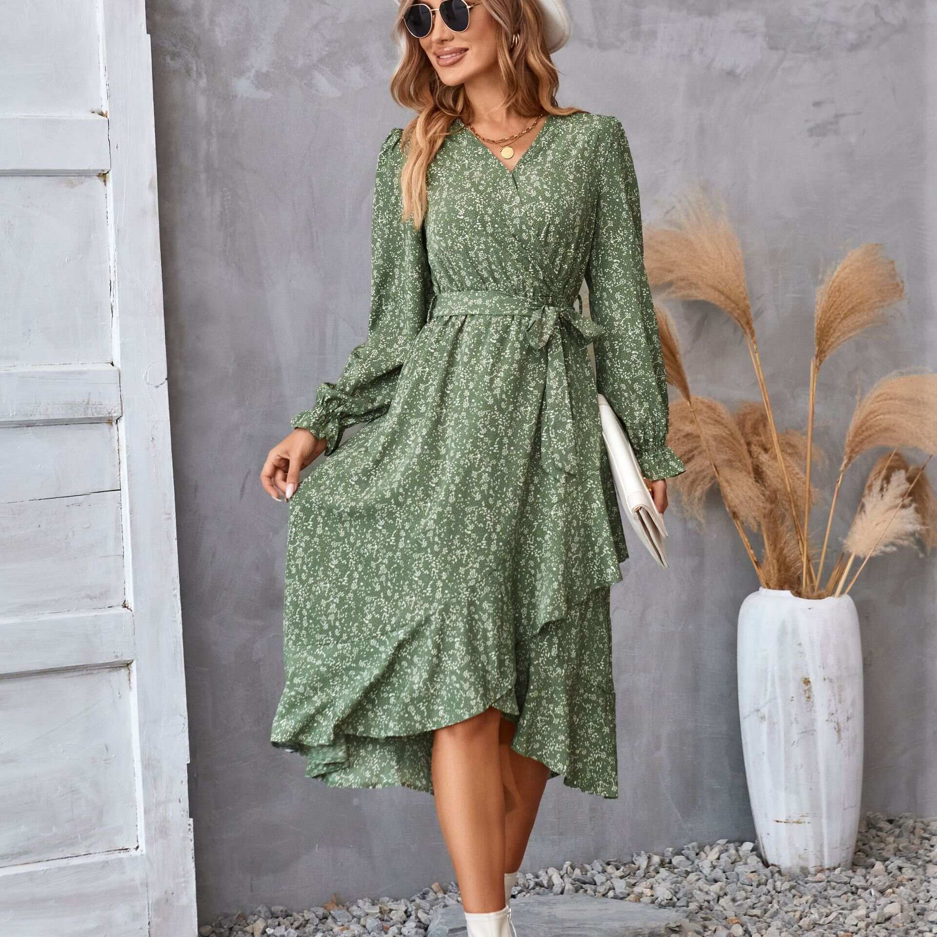 Women's long-sleeved printed dress latest style V-neck breathable and comfortable - Buy 3 and get free shipping