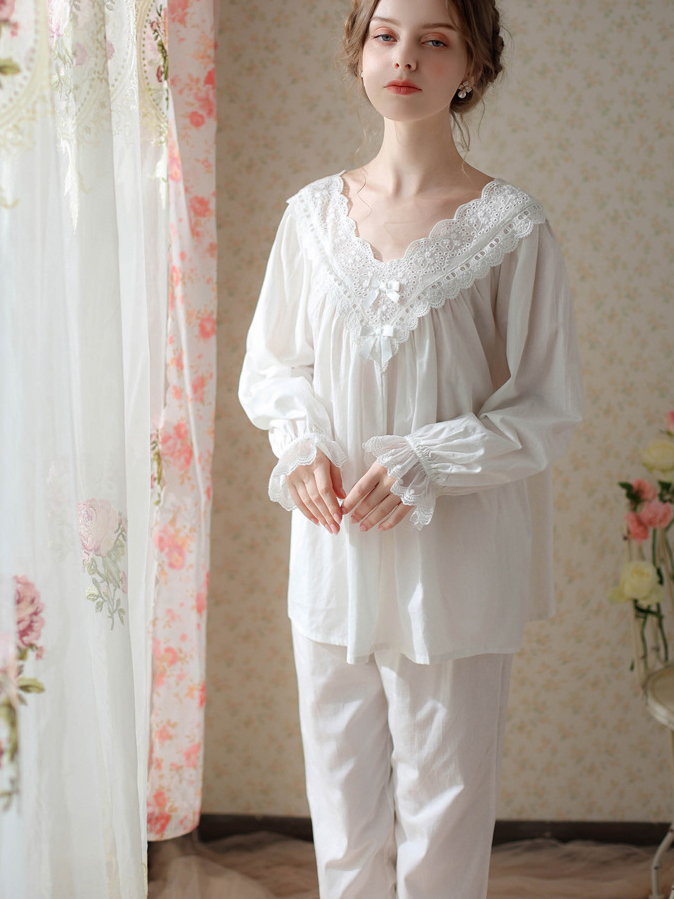 Elegant V Neck Loose Cotton Long Sleeve Pajama Set