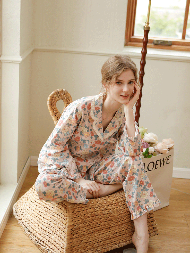 Casual Floral Regular Fit Cotton Simple Long Sleeve Pajama Set