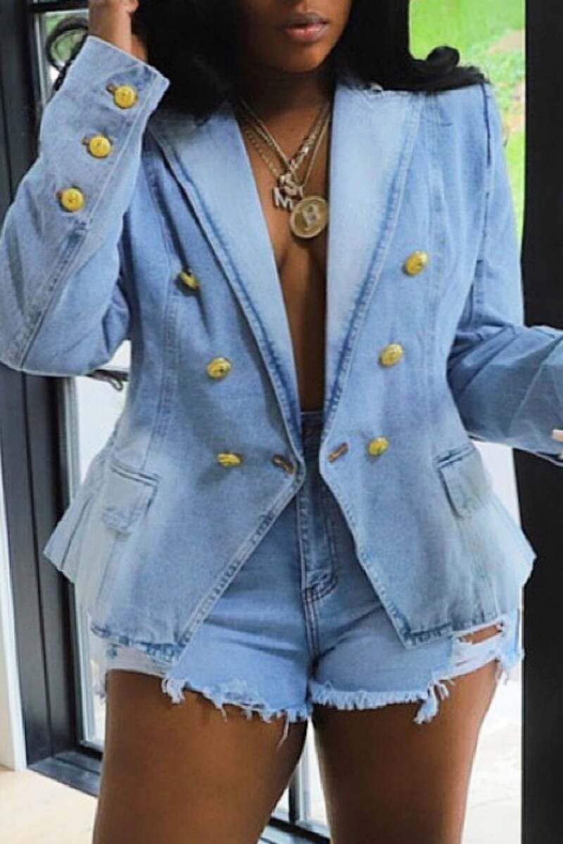 Light Blue Casual Solid Patchwork Turndown Collar Long Sleeve Regular Denim Jacket