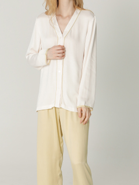 Satin Vacation Plain Loose Long Sleeve Pajama Set