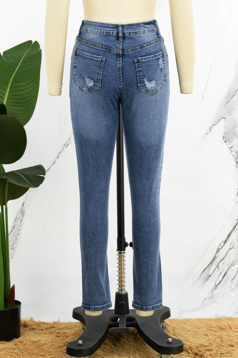 Deep Blue Casual Solid Ripped Buttons High Waist Skinny Denim Jeans