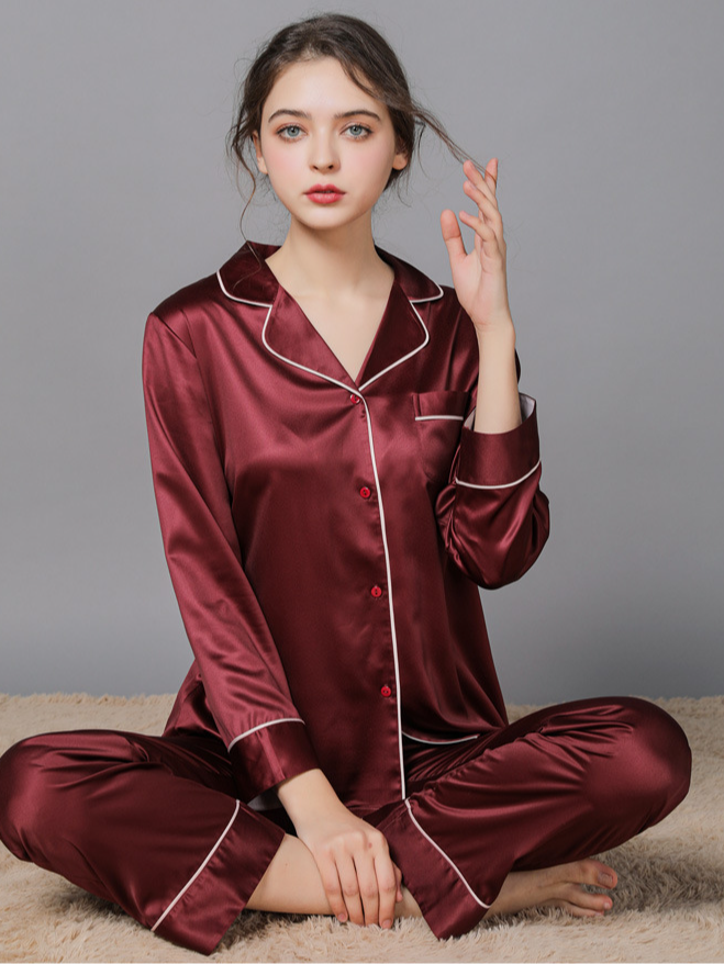 Ice Silk Plain Shawl Collar Casual Long Sleeve Couple Pajama Set