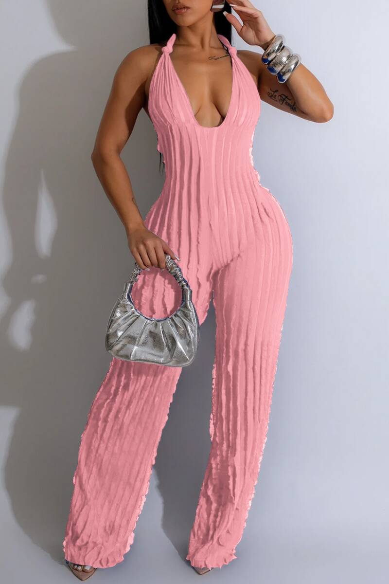 Rose Red Sexy Casual Solid Backless Halter Skinny Jumpsuits