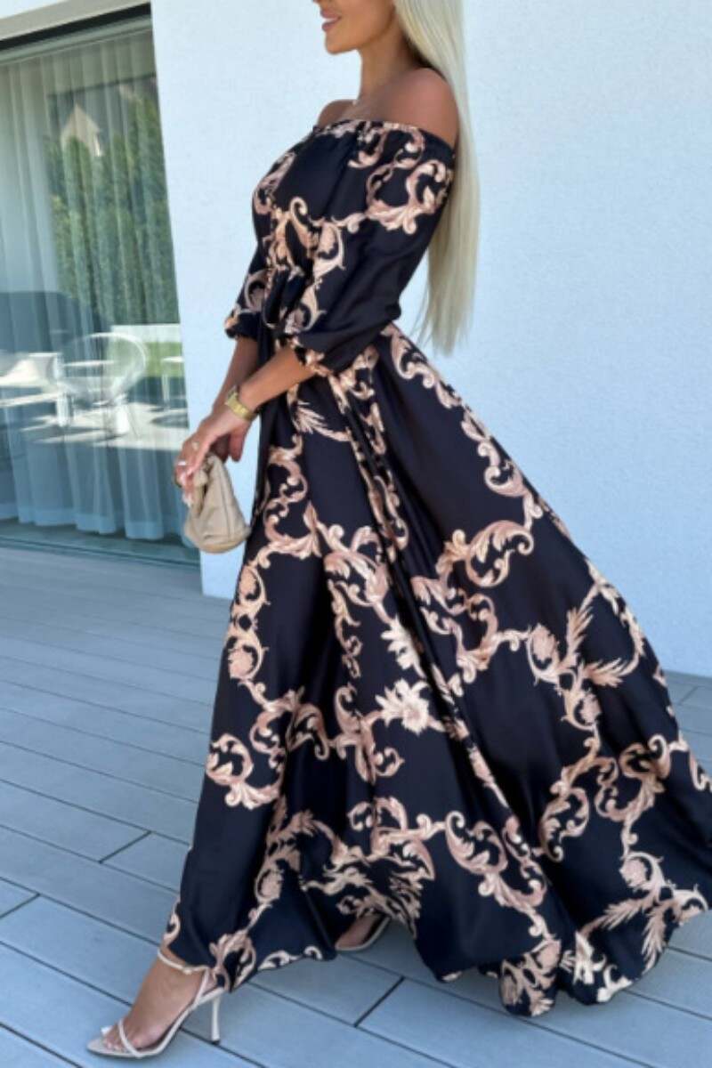 Black Red Casual Print Patchwork Off the Shoulder Long Dress Dresses