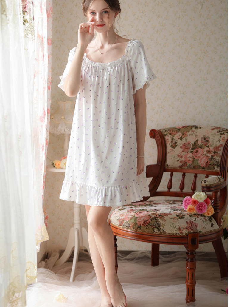 Simple Plain Cotton Floral Others Nightdress