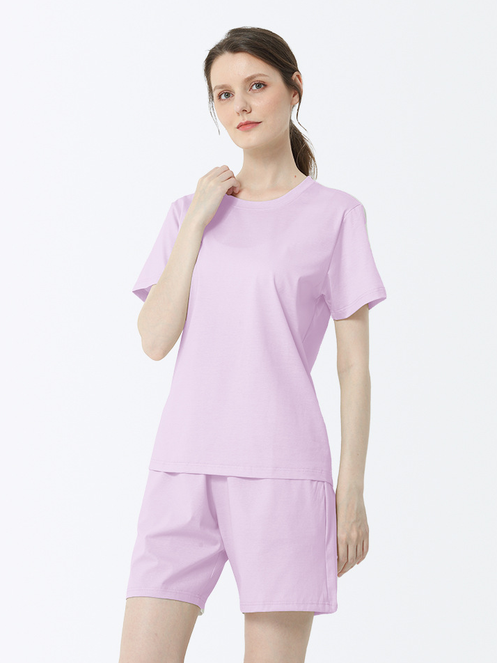 Plain Cotton Crew Neck Casual Short Sleeve Pajama Set