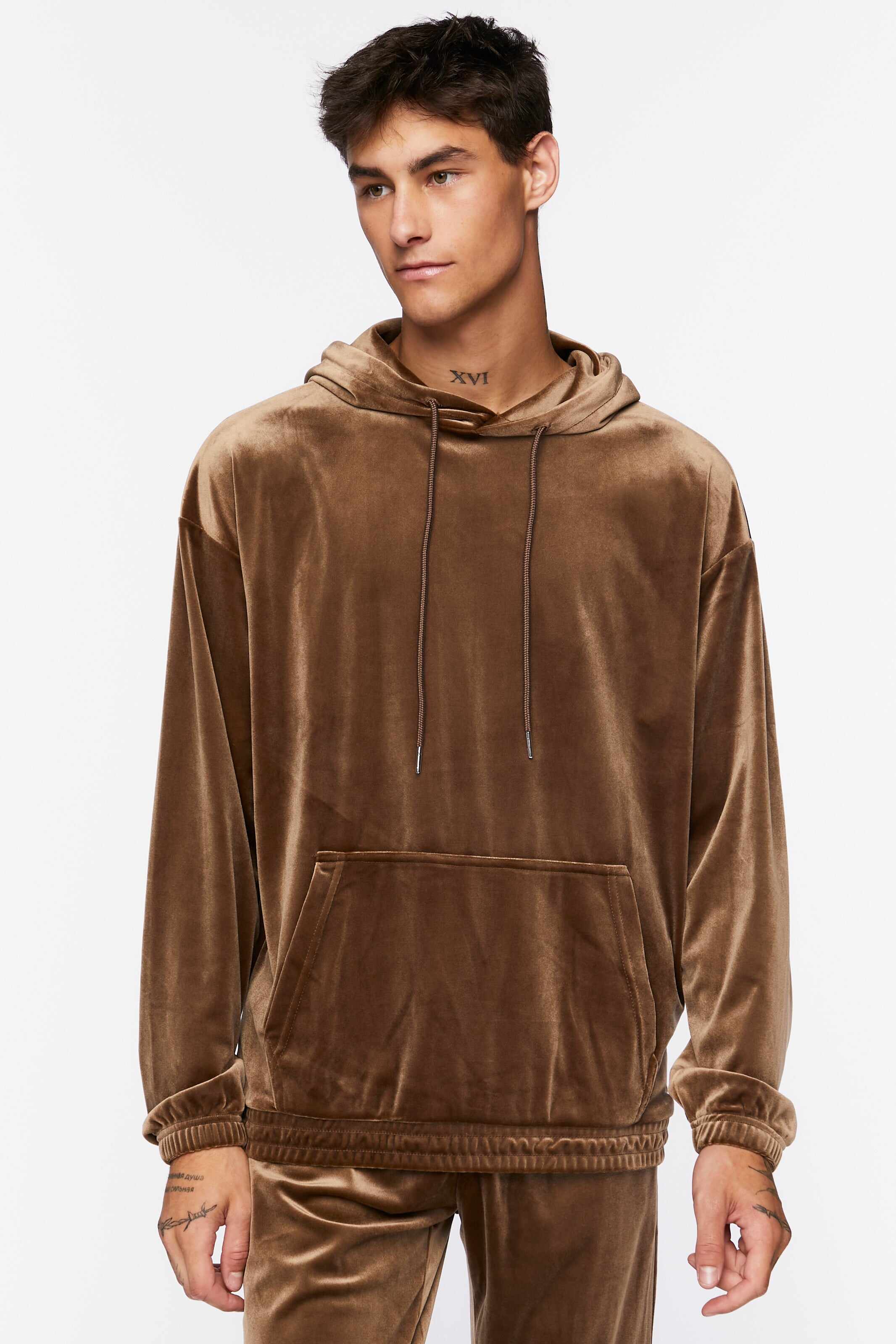 Men Apparel | Velour Drawstring Hoodie Brown Forever21 - JX38828