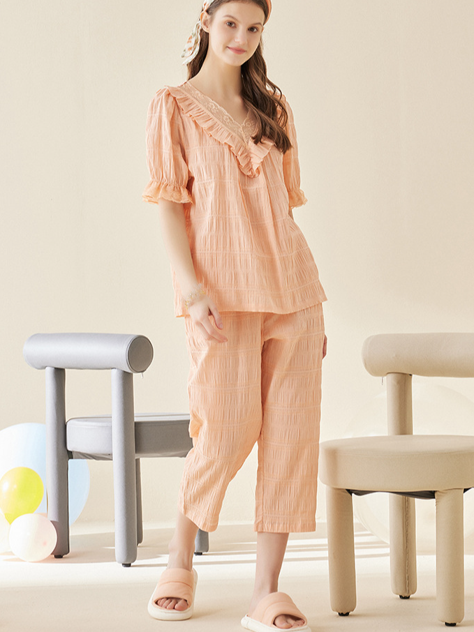 Plain Loose Simple Cotton Short Sleeve Pajama Set