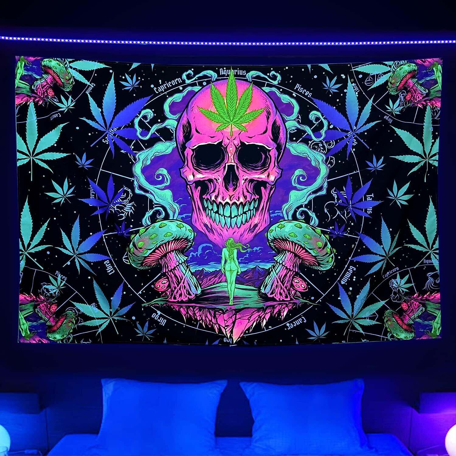 Blacklight Tapestry UV Reactive Trippy Misty Skull Weed