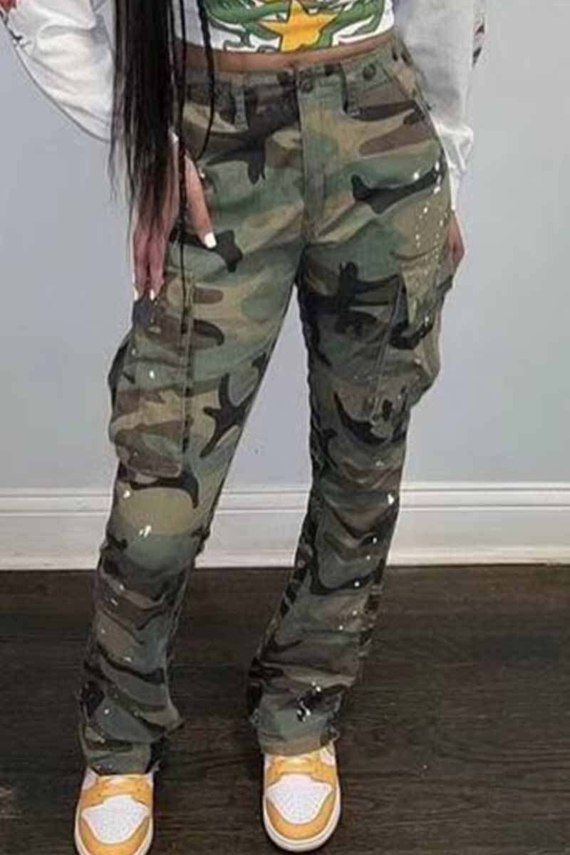 Army Green Street Camouflage Print Letter High Waist Straight Bottoms