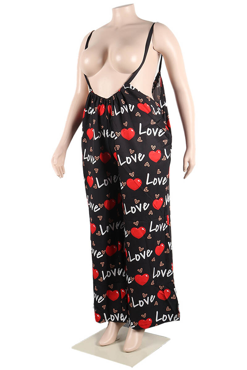 Black Casual Print Spaghetti Strap Plus Size Jumpsuits (Without Vest )