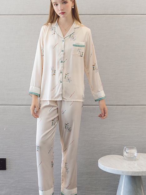 Regular Fit Casual Floral V Neck Long Sleeve Pajama Set