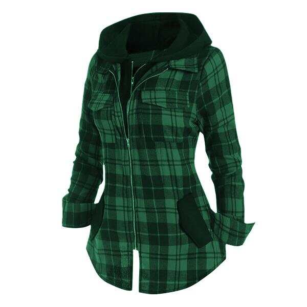 Double Zipper Plaid Pocket Hooded Shirt Jacket