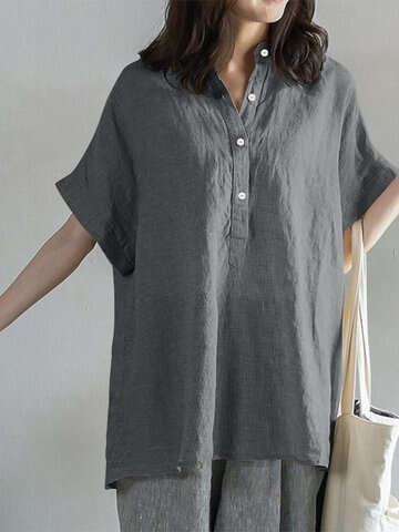 Women Blouses & Shirts | Solid Button Stand Collar Short Sleeve Loose Casual Blouse - CA67352