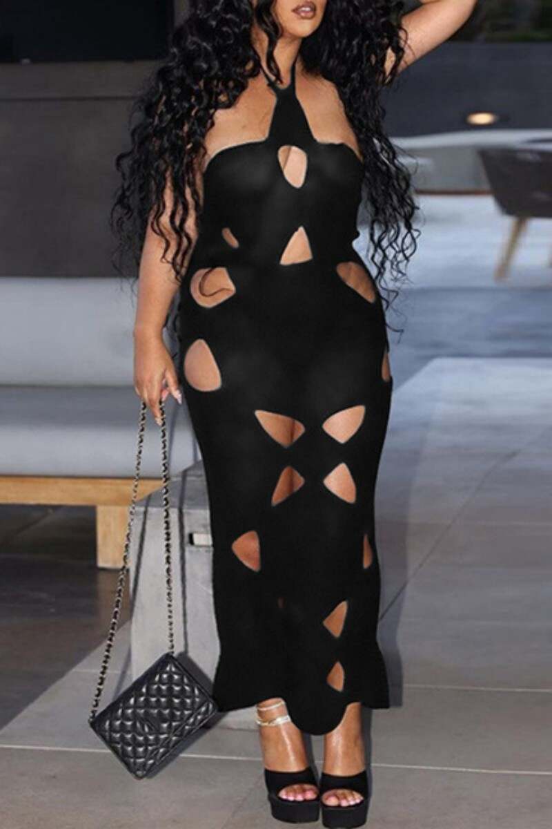 Black Sexy Solid Hollowed Out Backless Halter Long Dress Dresses