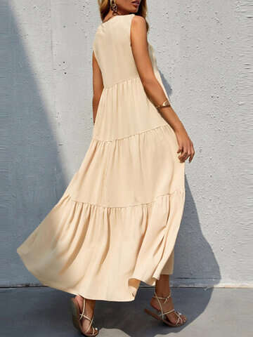 Women Maxi Dresses | Solid Sleeveless V-neck Maxi Swing Dress Maxi Dress - DU01422