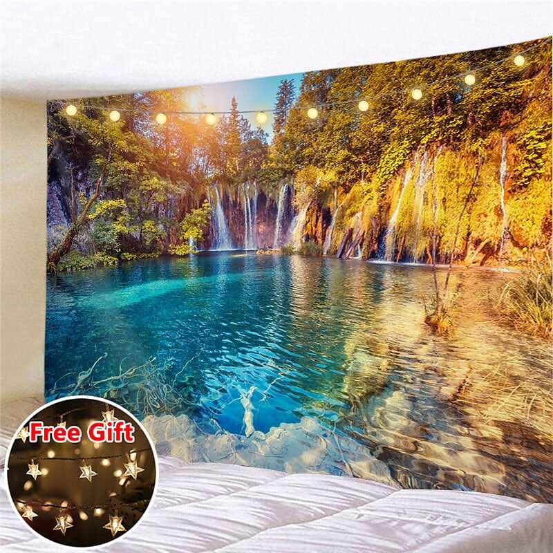 Landscape LED Lights Wall Tapestry Art Decor Forest River Waterfall Print