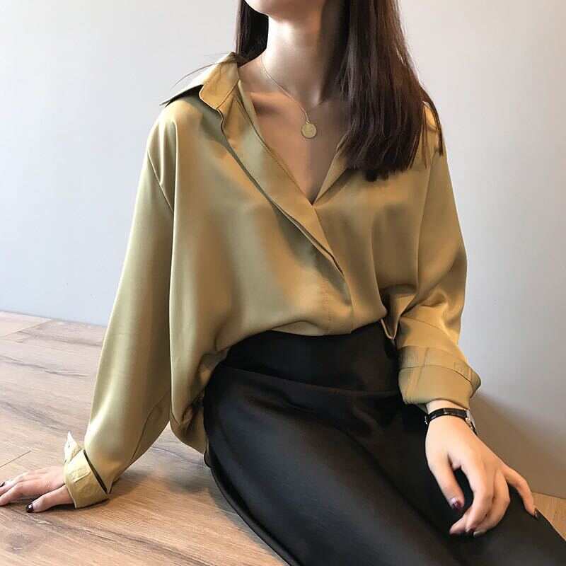 Silk satin v-neck chiffon shirt