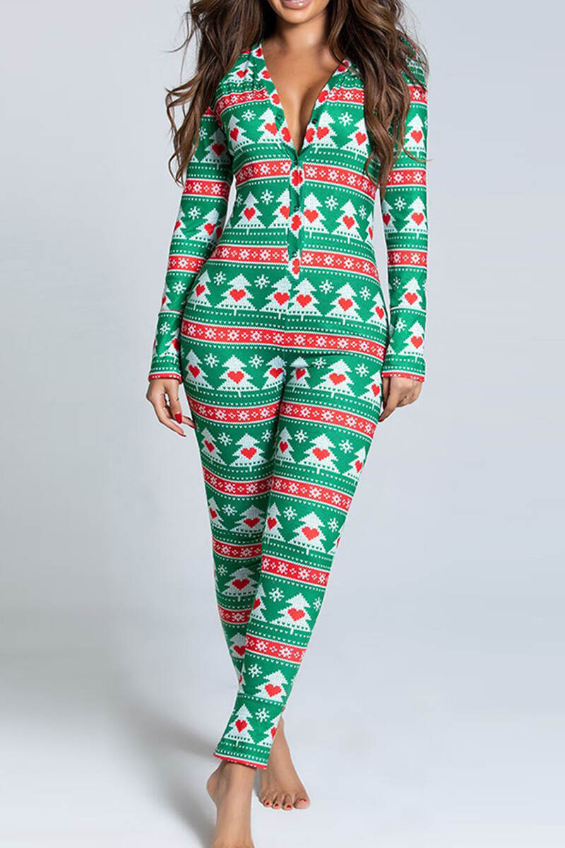 Christmas Tree Street Print Patchwork Buttons V Neck Skinny Jumpsuits