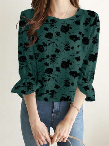 Women Blouses & Shirts | Random Allover Floral Print Crew Neck 3/4 Sleeve Blouse - KX82842