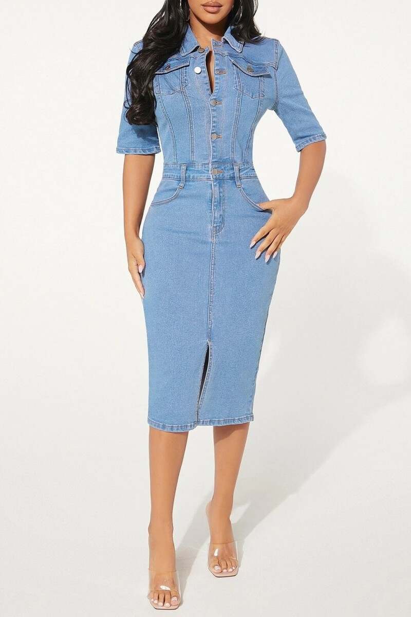 Light Blue Casual Solid Patchwork Turndown Collar Half Sleeve Denim Dresses